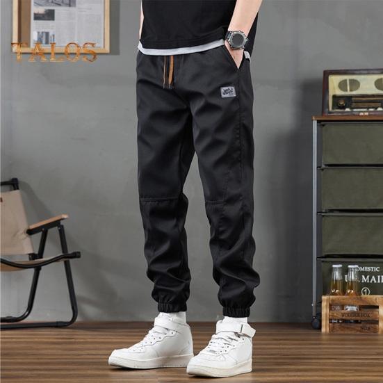 Spring Fall Men Cargo Pants Loose Drawstring Elastic Waist Multi Pockets Ankle-banded Solid Color Plus Size Sport Trousers Daily Wear Ninth Pants