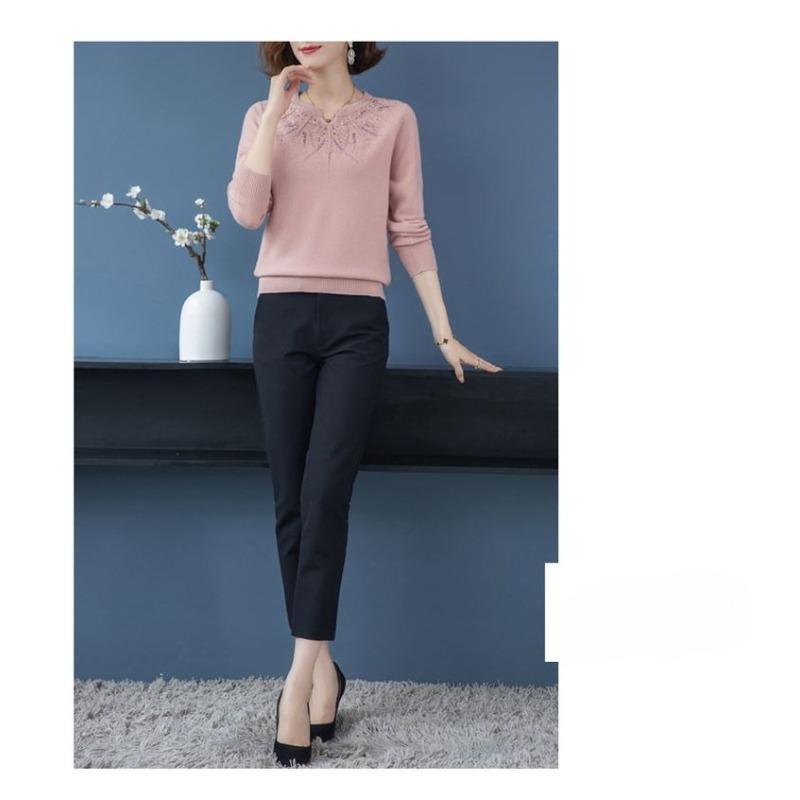 Módní svetr pro maminku z imitace vlny, volný, s výšivkou a kamínky, dámský, pro střední věk, větší velikost, podzimní zima