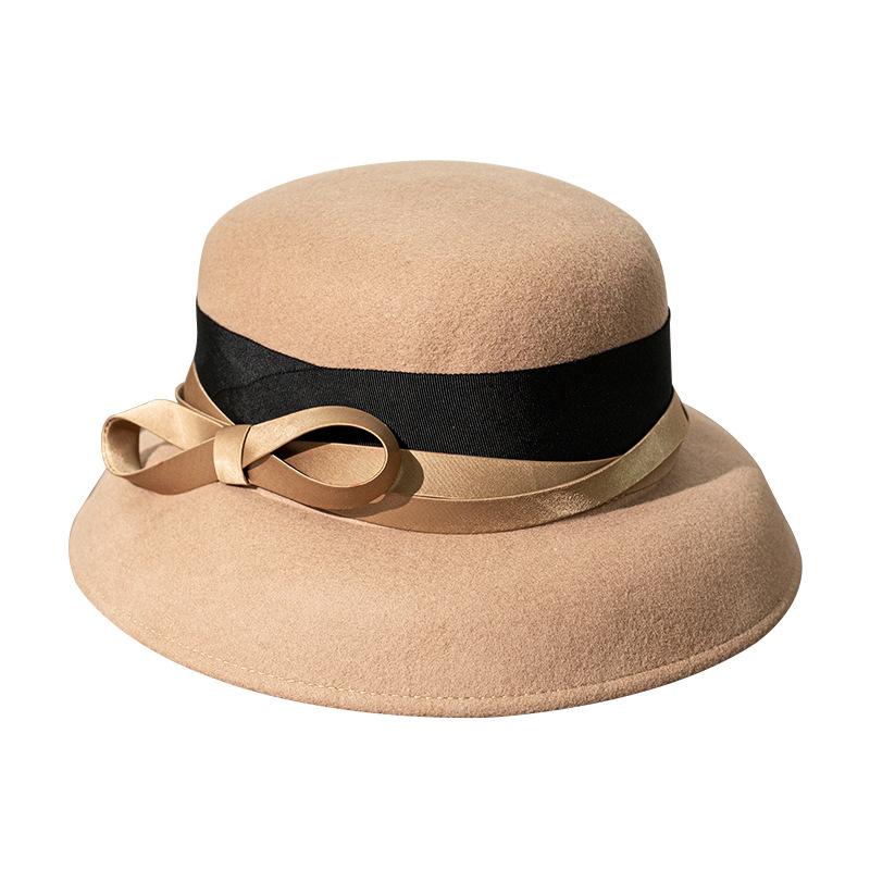Autumn and Winter New Wool Felt Hat Hepburn Style Female Versatile Elegant Dome Bow