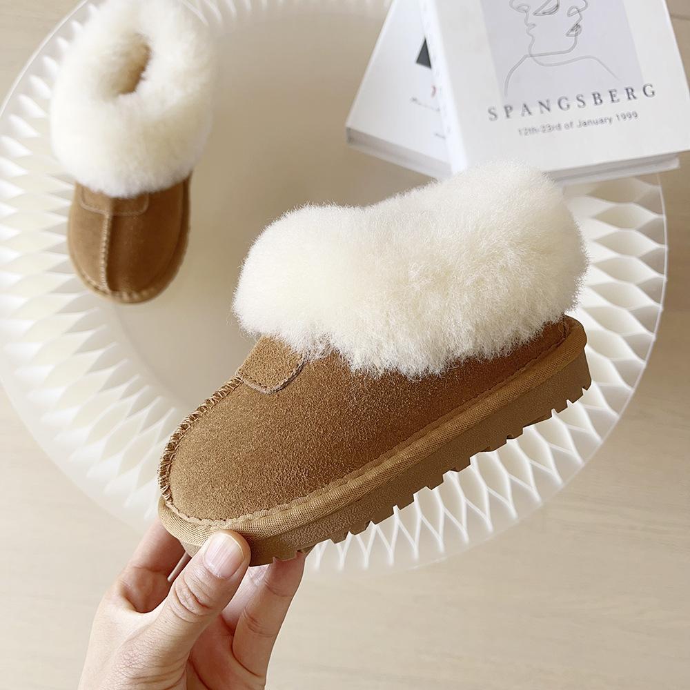Luxury Children Fur Slippers Boot Retro Round Head Cotton Baby Girl Boy Winter Plush Warm Home Shoes Non-slip Kids Slipper