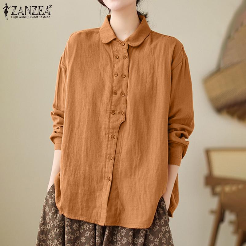 ZANZEA Женские повседневные хлопковые блузки с отложным воротником и ...