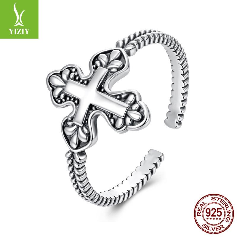 S925 Sterling Silver Vintage Cross Open Ring, Trendy Textured Sterling Silver Ring Jewelry