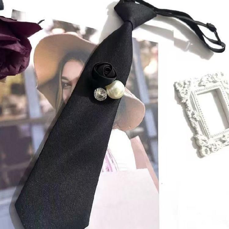 Elegant 3D Black Floral Necktie with Rhinestones Pearls Student Pre Tied Adjustable Ties Uniform School Shirt Necktie