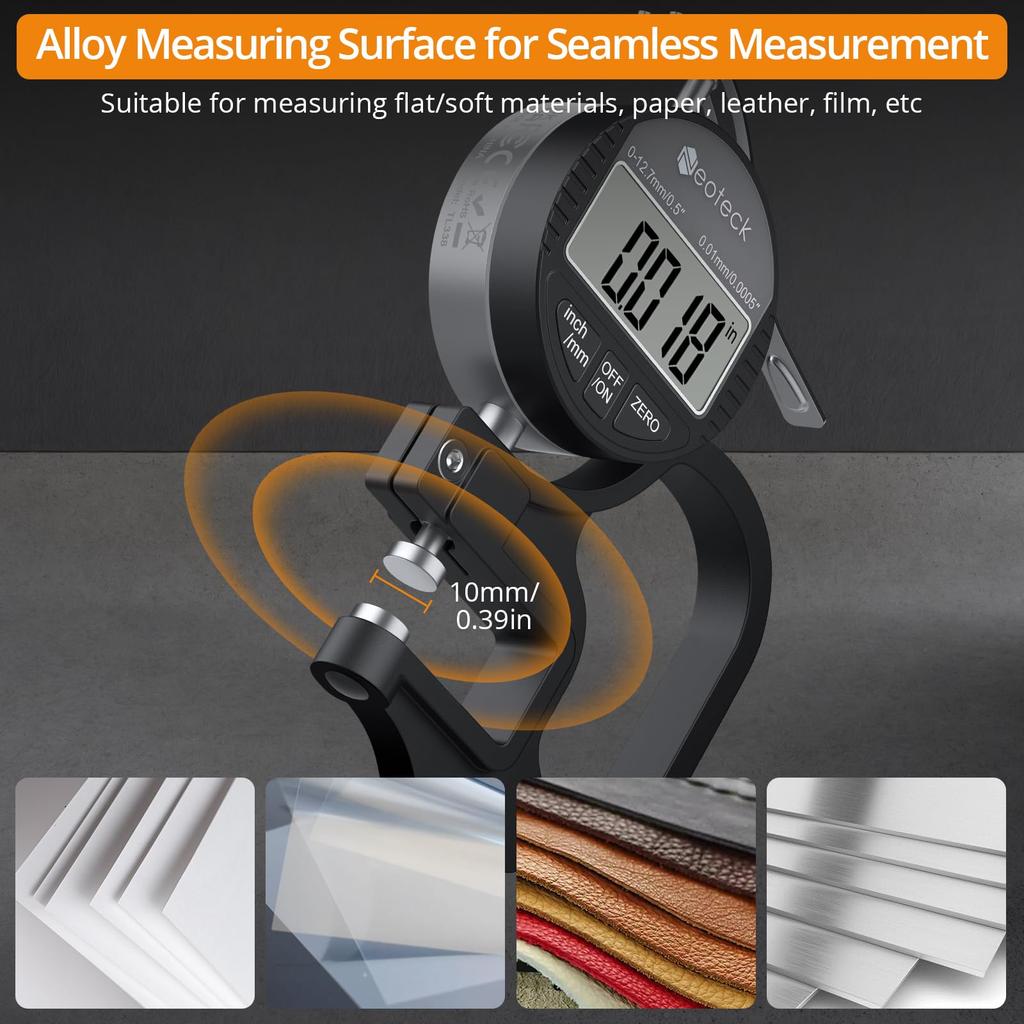 Neoteck Digital Thickness Aluminum Alloy Measurement Large LCD Thickness Gauge Gauge, Construction, 0.01mm Accuracy, 0-12.7mm Range, Display,