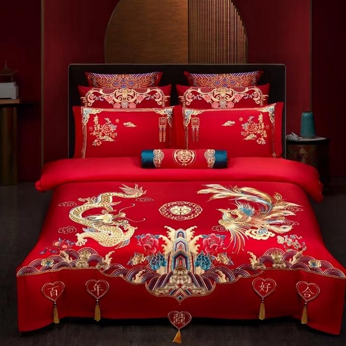 Comforter 100/140Ct Long-Staple Cotton Chinese-Style Wedding Festive 4-Pcs A Witness To Marriage And Love Home Decoration