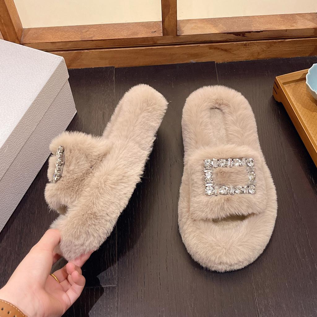 Fashion Slippers Women Fluffy Flip Flops Furry Slides Slipper Ladies Shoes Crystal Hollow Flat Faux Fur Sandals Decor Platform Footwear