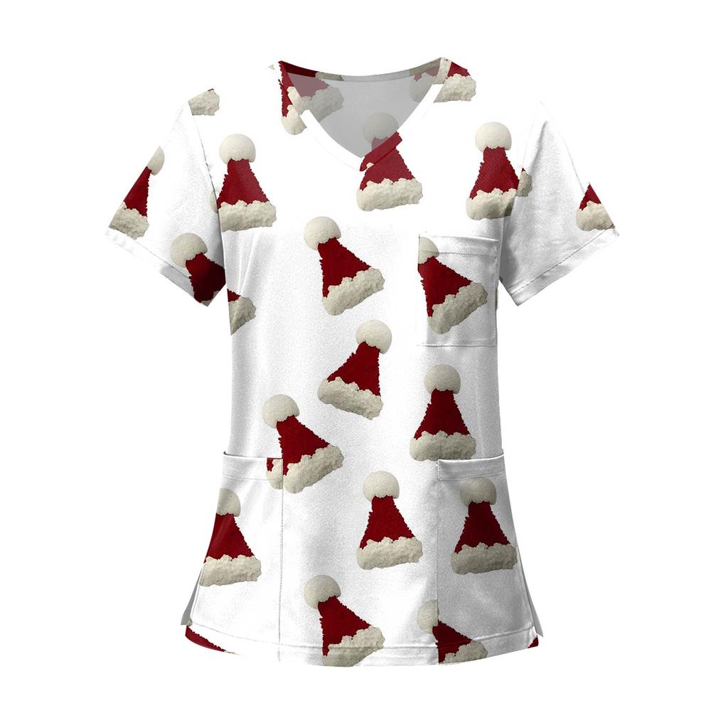 Women's Fashion Printed Short Sleeve V Neck Pattern Tops Pocket Working T-shirts