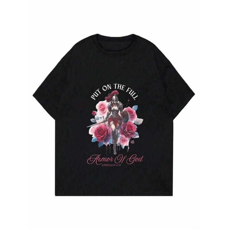 Women Casual T Shirt Black Put On The Full Armor Of God With Knight And Roses Design Christian Faith Statement Top For Everyday Wear