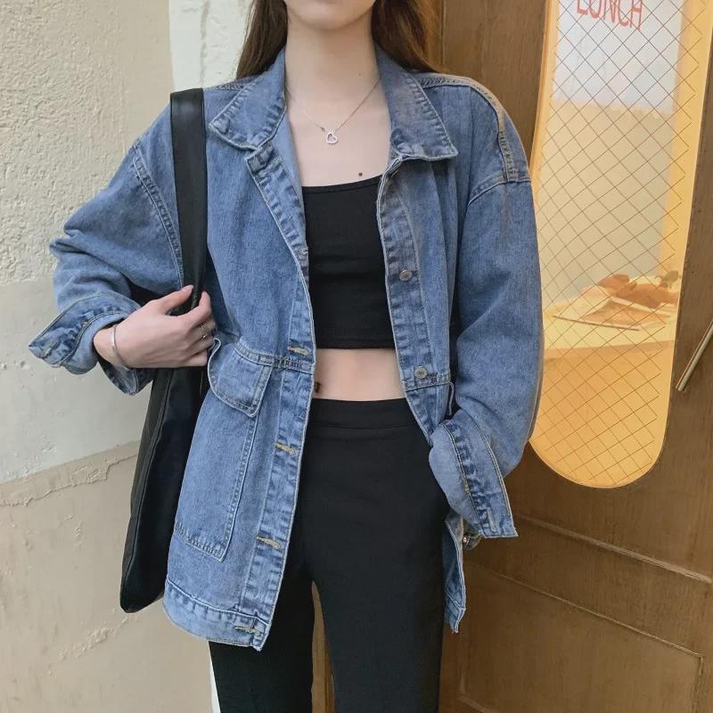 Women's Korean-Style Loose Denim Jacket, Versatile Harajuku Retro Long Sleeve for Spring/Autumn - Perfect for Students