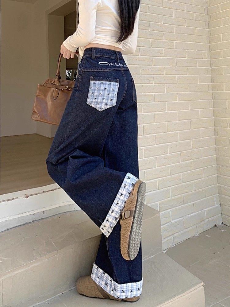 2025 Plus Size Retro Patchwork Plaid Wide-Leg Jeans for Women - Spring/Autumn Loose Fit