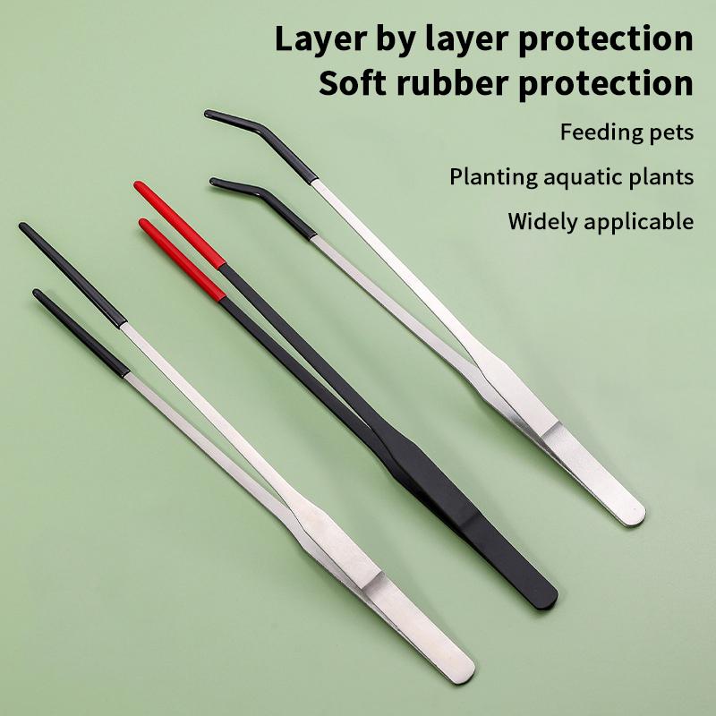 Pet Feeding Accessories: Straight and Curved Stainless Steel Tweezers with Rubber Tips for Aquarium Reptiles