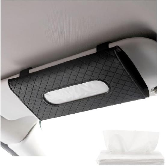Car Tissue Holder, Leather Sun Visor Hanging Napkin Holder with Tissue Refill, Clip-On Visor Mask Dispenser Premium Paper Towels Case for Vehicles,