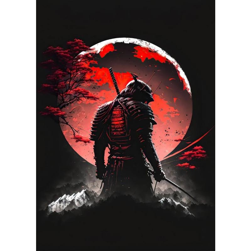 Poster Samurai Japonia Estetic Colorat Anime Dragon Soare Roșu cu Samurai Negru Pictură pe Pânză Artă de Perete Cameră Copii Decor Acasă
