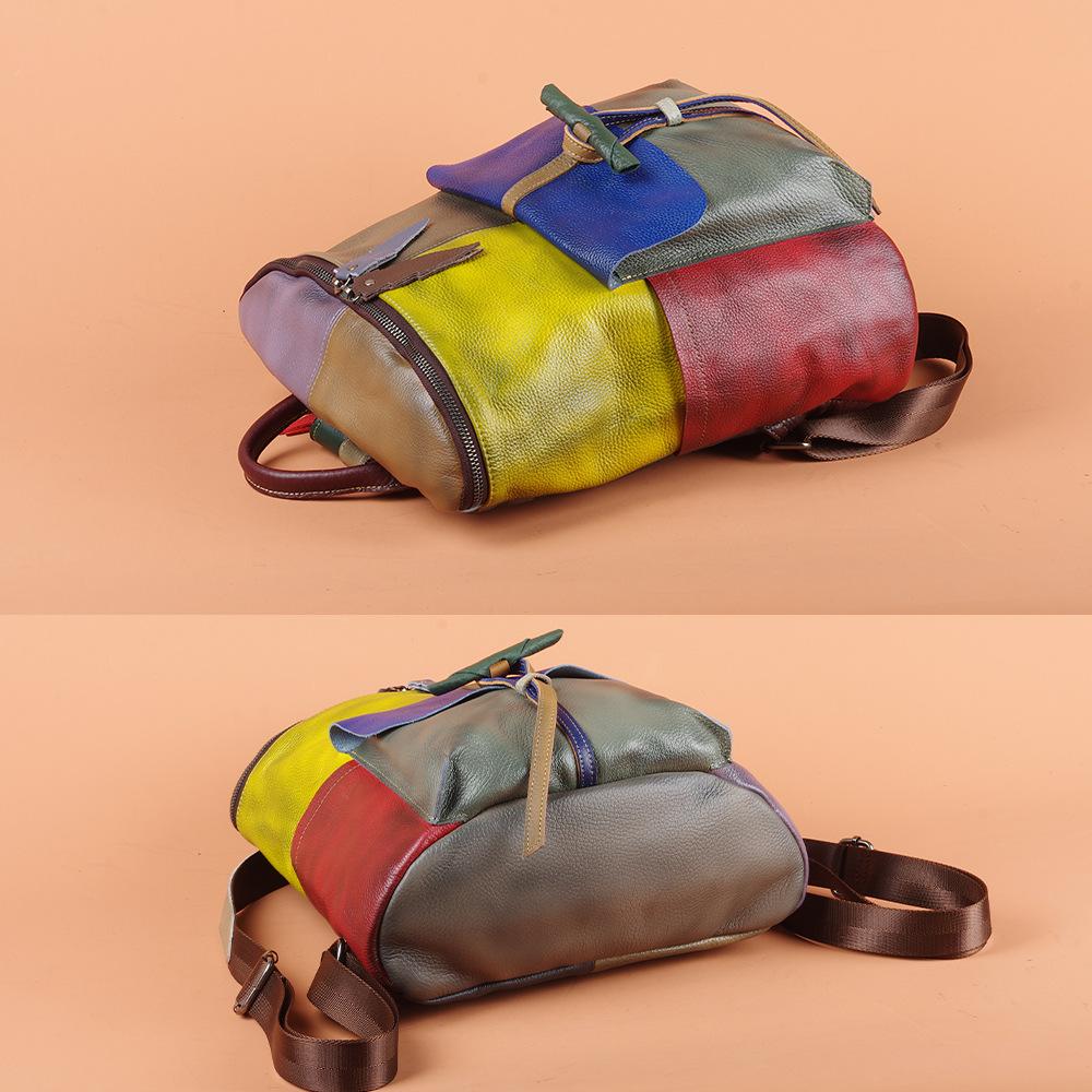 Retro Genuine Leather Colored Polished Old Cowhide Backpack Bucket Bag Casual Women'S Backpack