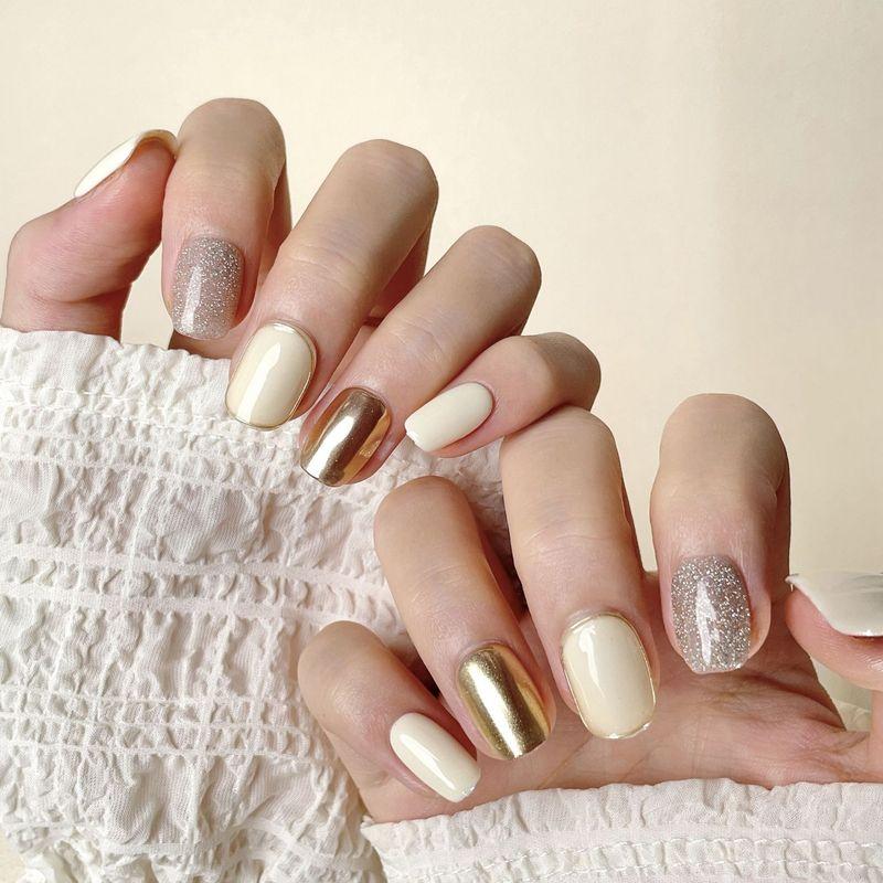 

Original Real Shot Handmade Wear Nail Short White Gold Color UV Nail Beauty Patch Show White Model Solid Color White Fake Nails XS(206) Falling Cherry Snow New Short Ballet