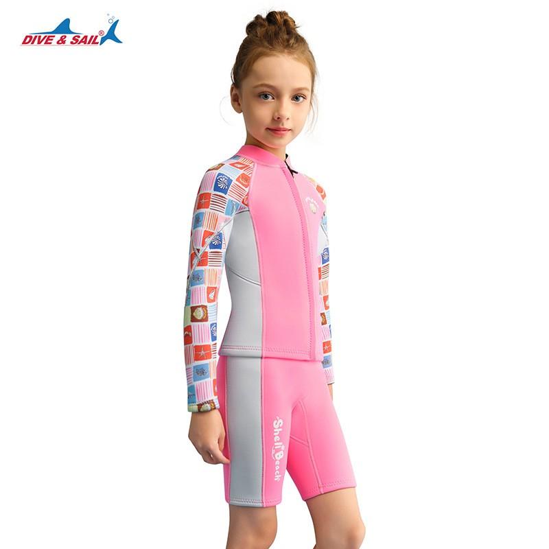 1.5mm Kids Girls Wetsuit Set Long Sleeve Top Shorts Snorkeling Diving Surfing Warm Thermal Water Sports
