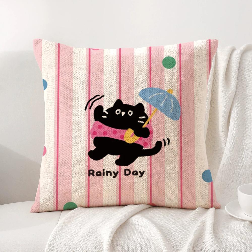 Kawaii Cute Cat Cushion Cover Natural Linen Organic Fabric DoubleSided Printing Sofa Home Decor Breathable Bed Pillow