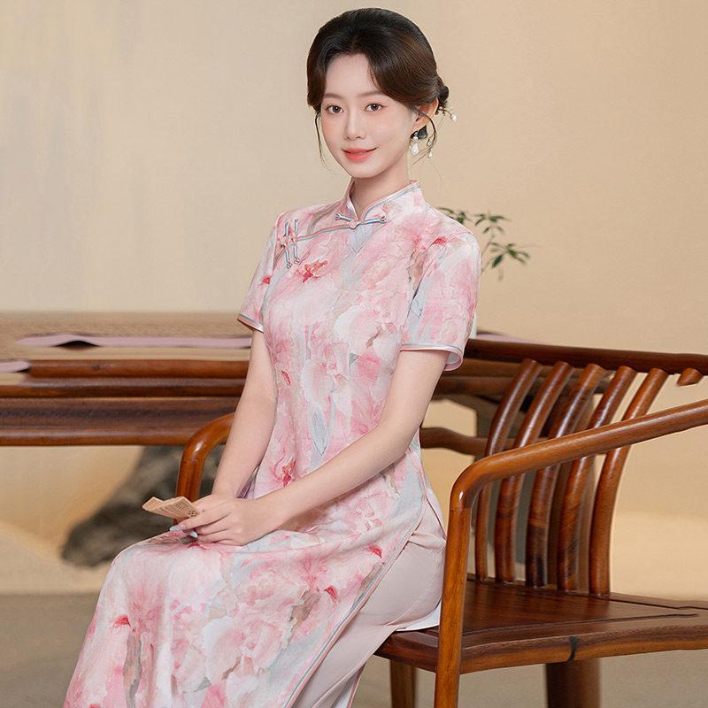 Pink Aodai Daily National Style New Chinese Suzhou Cheongsam Improved Young Girl Premium Dress Summer