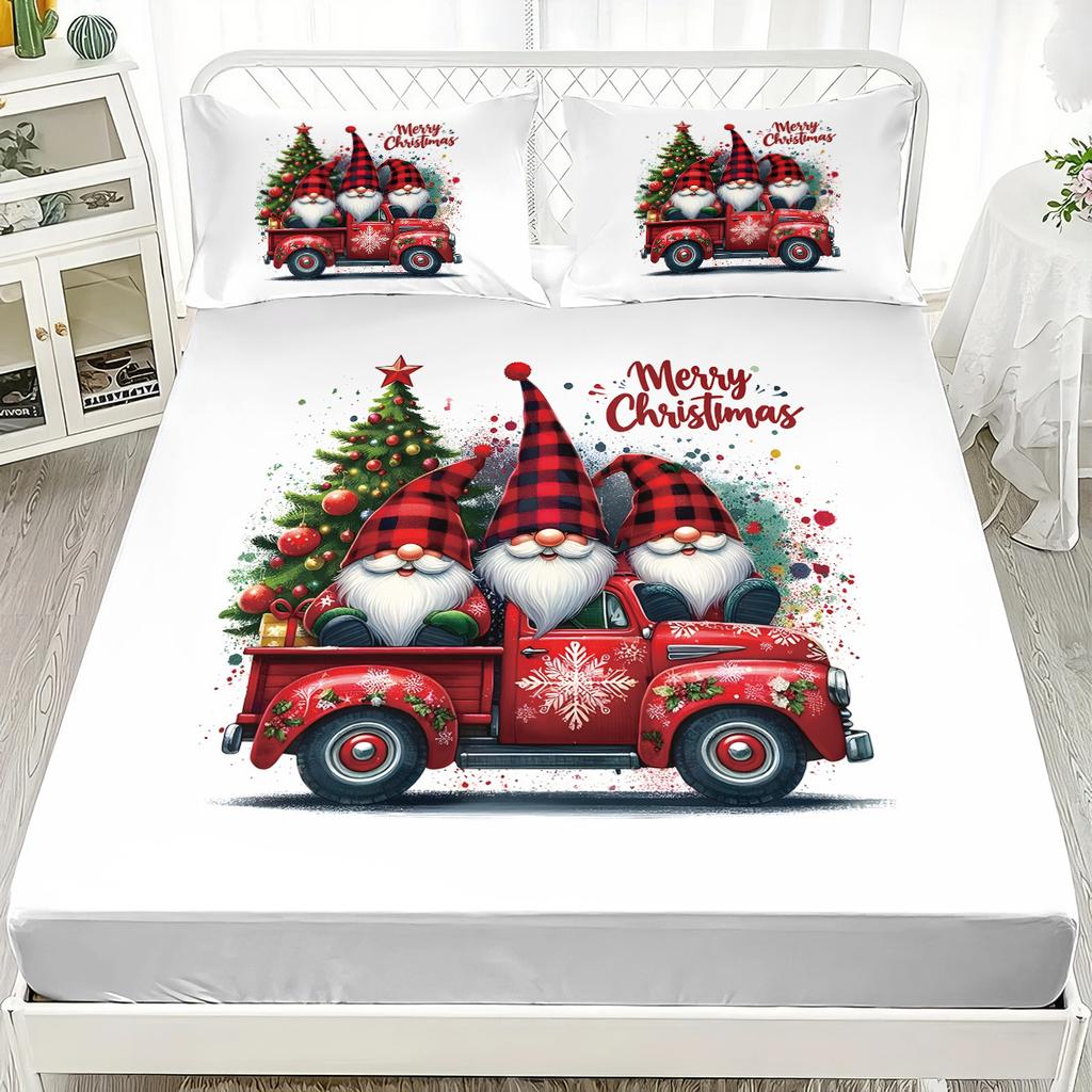 Santa Claus Elk Christmas Tree Print Coreless Fitted Sheet Set Christmas Theme Fitted Sheet Soft Bedspread Bedroom Bedding Decor