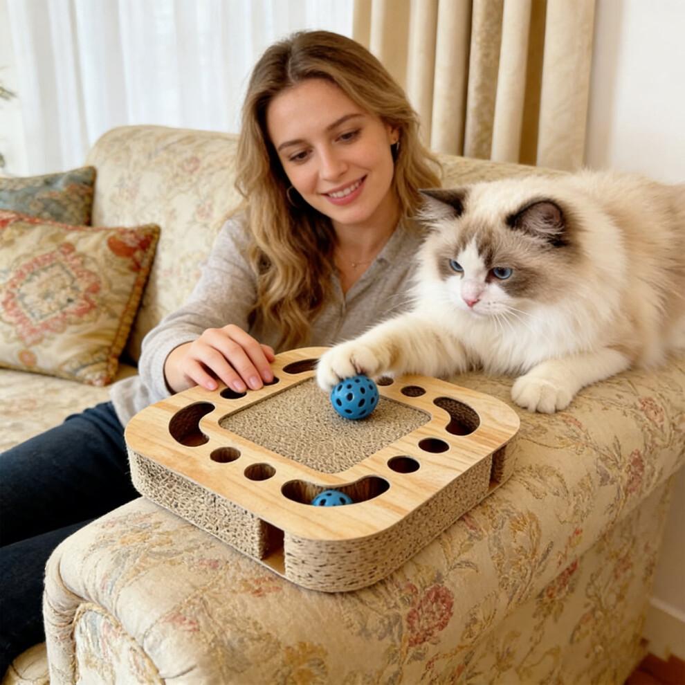 Scratching Pad Ball Track Cat Toy for Indoor Cats – Round Busy Box Scratcher with Bell Ball, Corrugated Cardboard & Rolling Tracks
