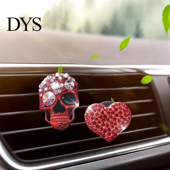 Personalized Auto Interior Trim 2 Pcs Bling Skull Heart Car Air Vent Clips, Rhinestone Shiny Alloy Perfume Holder Dashboard Clip, Funny Head Ornament
