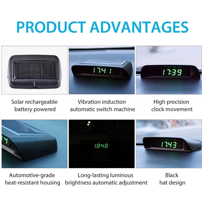 Solar Powered Car Digital Clock, LED LCD Display with Time Date Thermometer, Auto Dashboard Decor