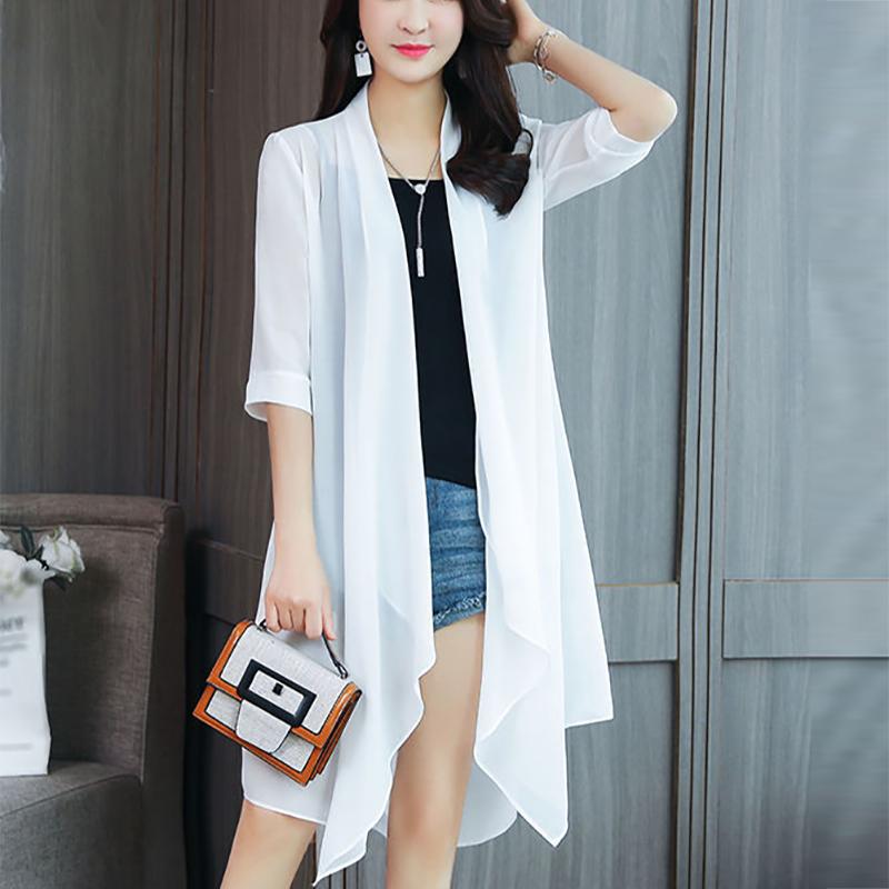Camisa de gasa de verano para mujer, abrigo ultrafino de longitud media, camisa con protección solar, camisa de aire acondicionado, cárdigan tipo chal de Color sólido