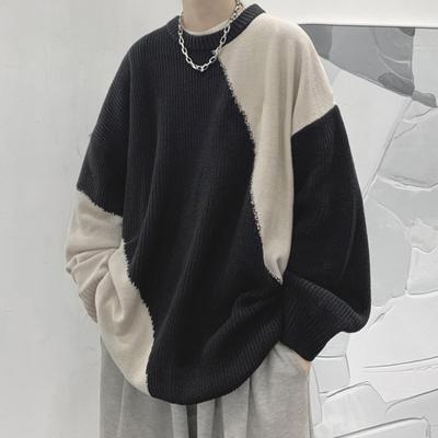 Unregelmäßiger Spleißpullover für Herren, lässiger High-End-Strickpullover im amerikanischen Stil, übergroße Paar-Pulloverjacke für Herbst und Winter