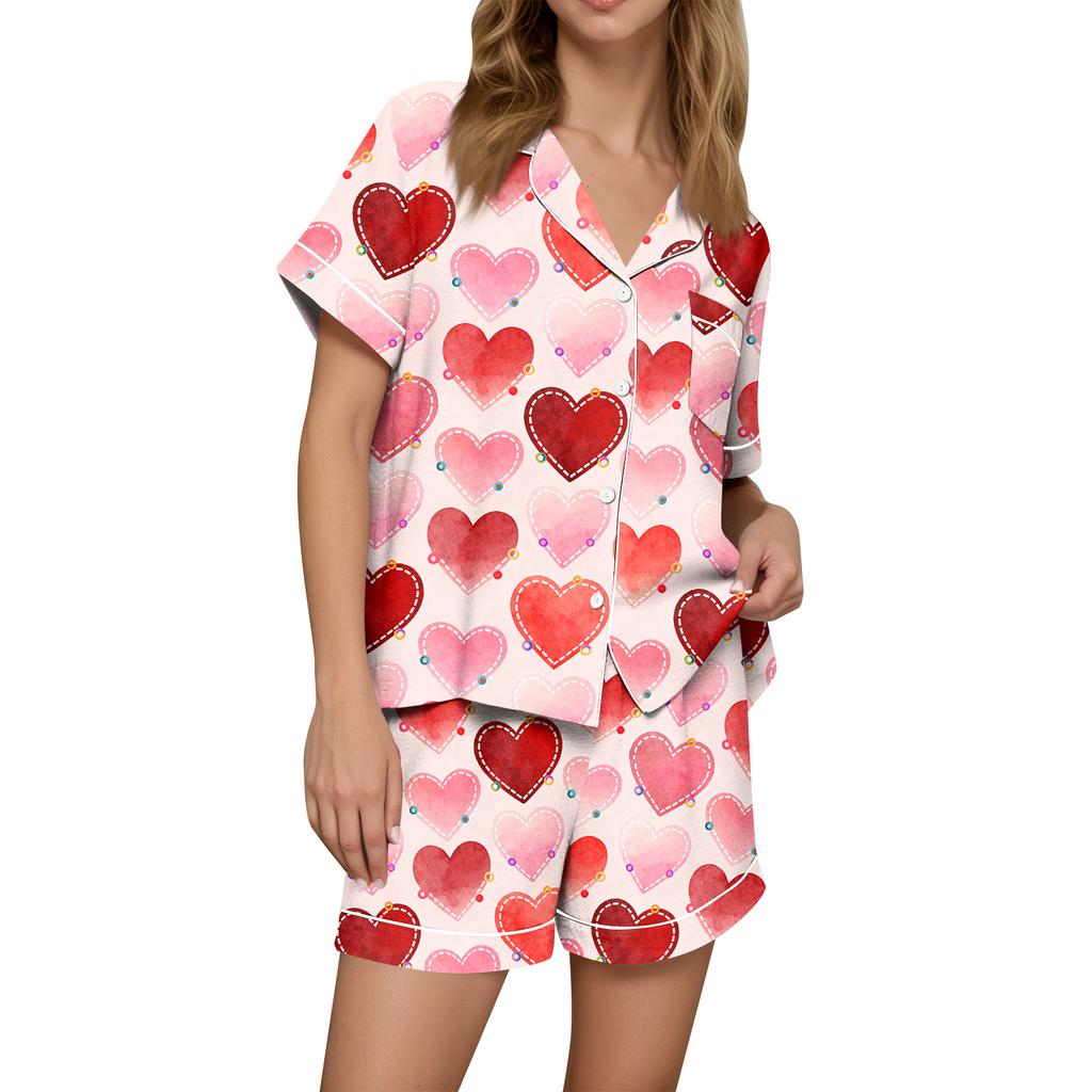 Women's Casual Fashion Christmas Print Short,sleeved Home Wear Button,down Short,sleeved T,shirt And Shorts Pajamas