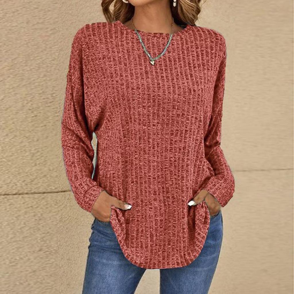 Women's Casual Knit Pullover Sweater Long Sleeve Loose Fit Round Neck Ribbed Texture Oversized Top for Everyday Wear