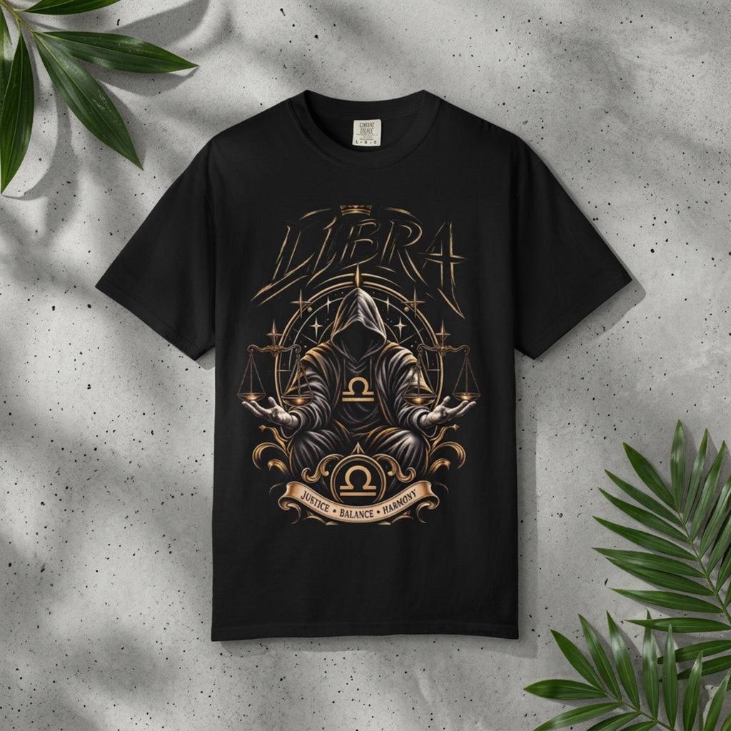 Gothic Libra Zodiac T-Shirt, Grim Reaper Scales Design, Dark Academia Tee