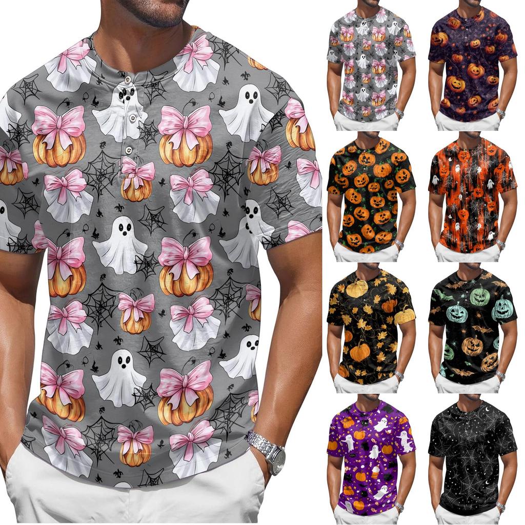 Men's Halloween Spider Web Print Short Sleeve Henley Shirt Casual Round Neck Button Front Top