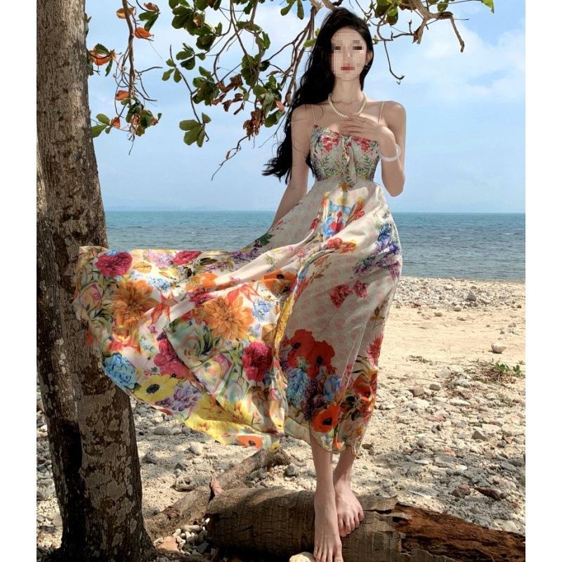 New Product, Romantic Texture, Colorful Broken Flowers, Suspenders, High-waisted Vacation Dress, Sanya Sand