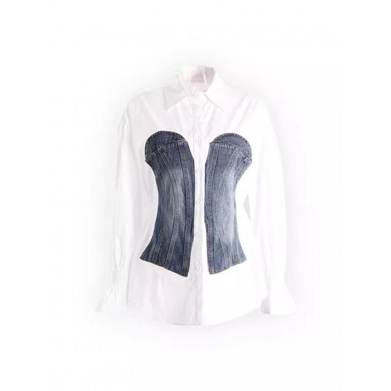 Nischen-Design Frühling 2025 Colorblock Patchwork Denim Korsett Taillenformende Bluse für Damen