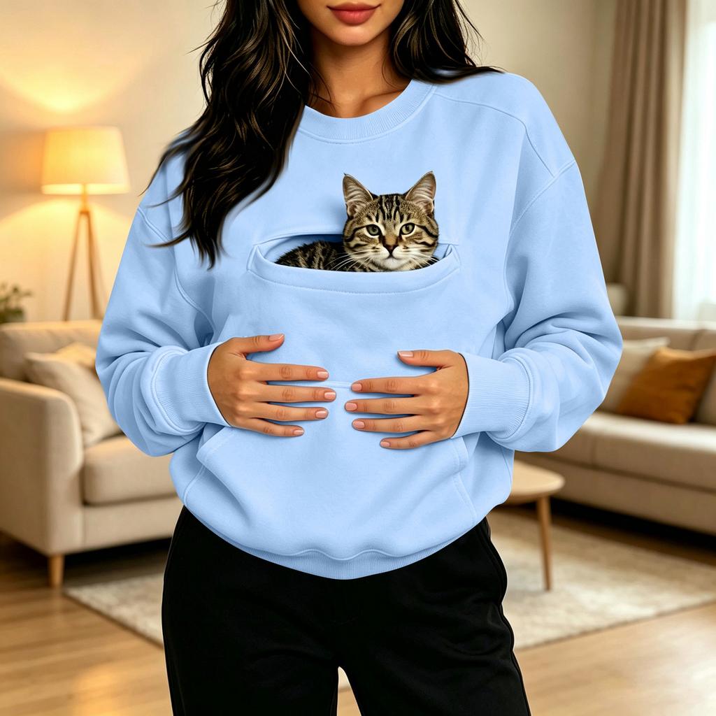 Damen Freizeit Langarm Sweatshirt mit Haustier-Tasche - Modischer Pullover für den täglichen Gebrauch