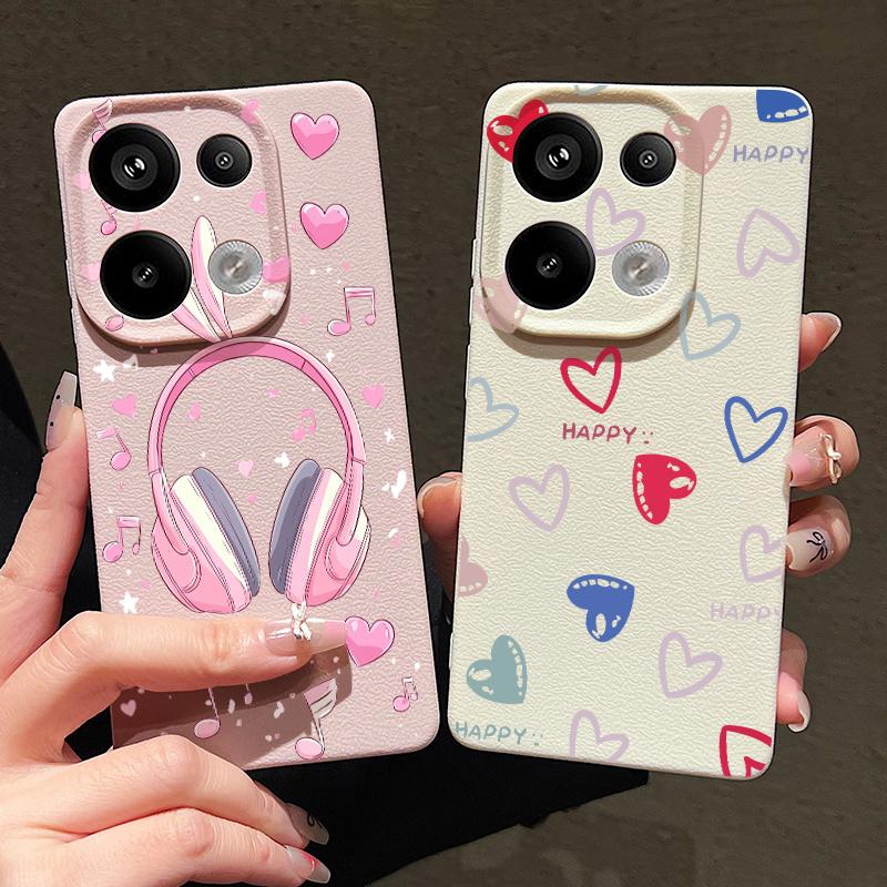 Cute Cartoon Love Hearts Case For Xiaomi 13T Pro Redmi Note 15 Pro 4G Redmi Note 14 13 Pro+ 5G Leather Texture Silicone Cover