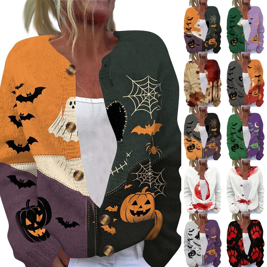 Women's Halloween Print Long Sleeve Knit Cardigan Button Up Sweater Lightweight Casual Outerwear for Fall and Winter