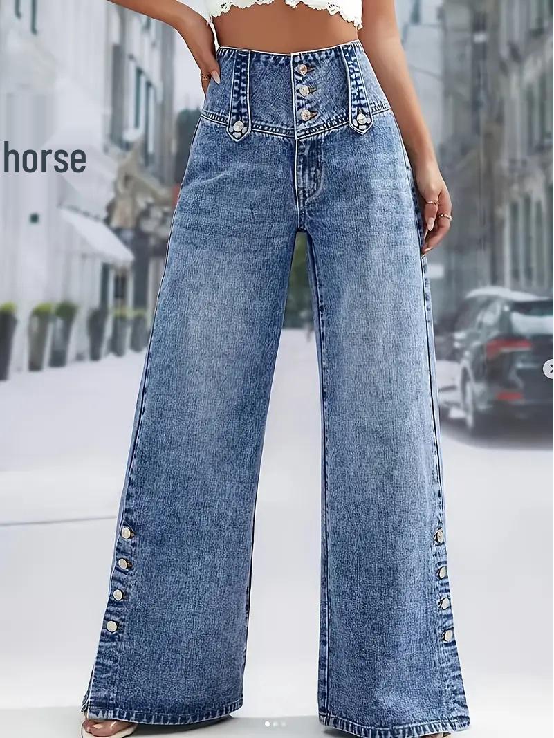 

Spring 2026 Retro High Waist Button Denim Wide-Leg Pants for Women M синий