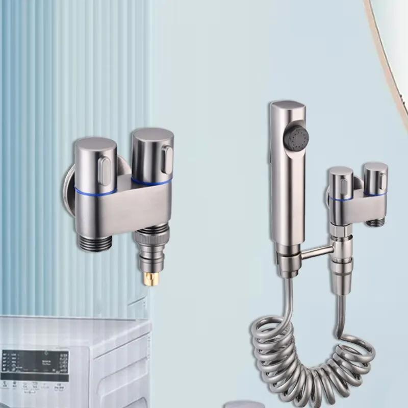Combinație de pistol de pulverizare Însoțitor de toaletă din oțel inoxidabil, control dublu, comutator independent, supapă unghiulară, supapă de distribuție a apei
