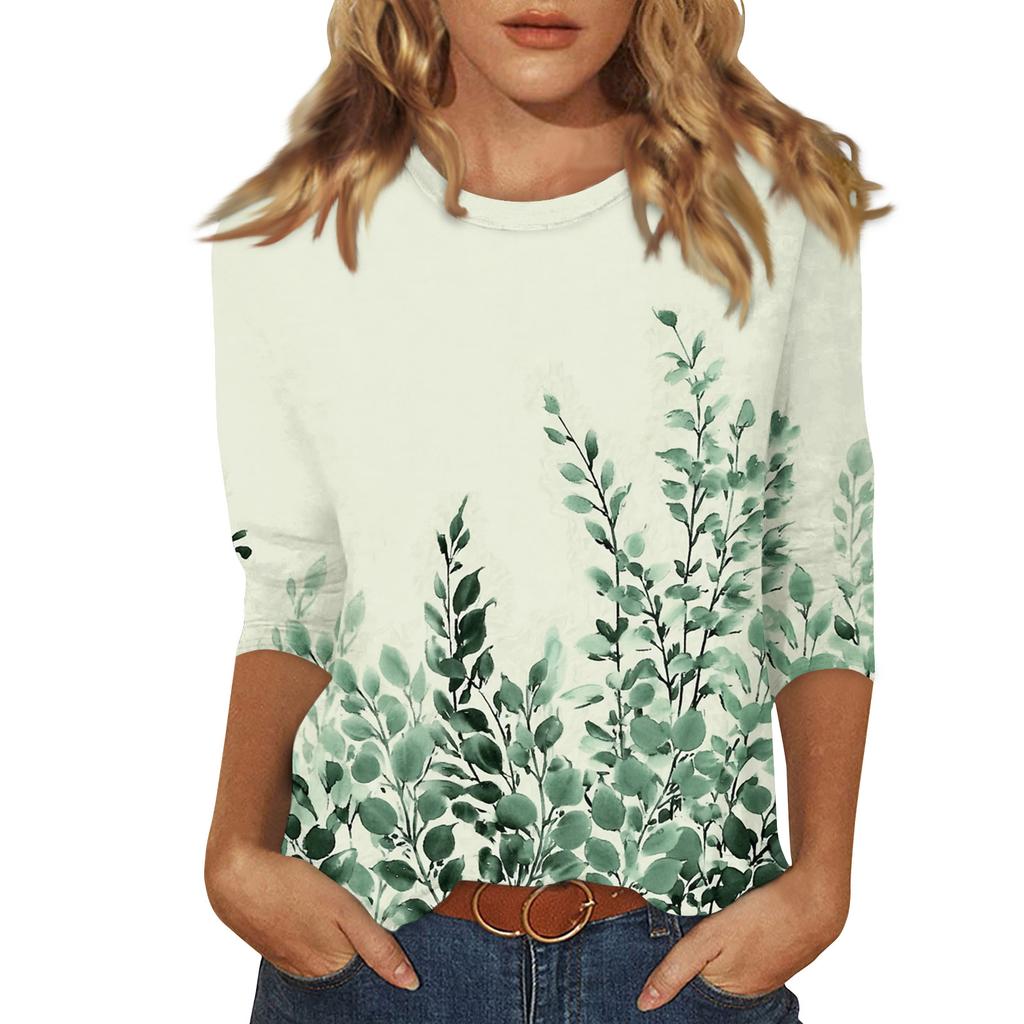 Women's Fashionable Casual Three Quarter Sleeve Printed Round Neck Top