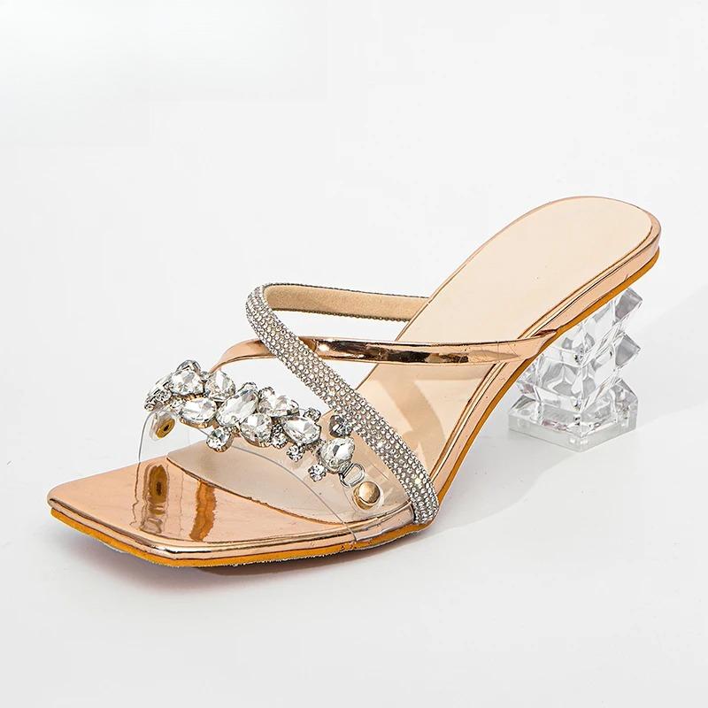 Fashion Luxury Women's Shoes CRYSTAL Transparent Strange High Heels Woman's Slippers Sandals Square Toe Mules Lady Slides Zapatos Mujer