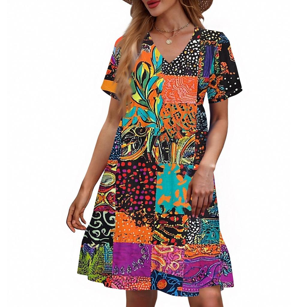 Women's Casual Fashion V-Neck Short Sleeve Floral Print Dress