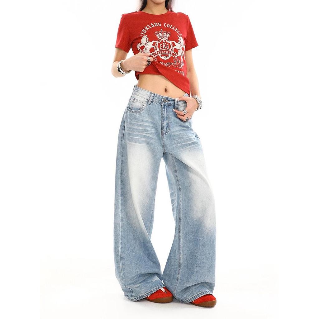 Jeans de Verano para Mujer Azul Medio Lavado Retro Desgastado Pierna Recta Pierna Ancha