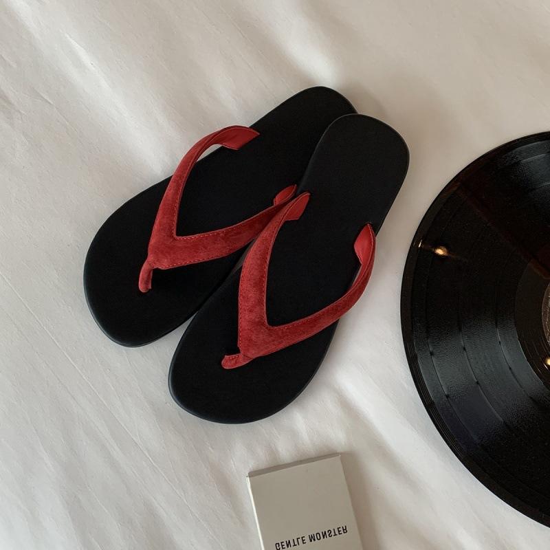 

Французские минималистичные сандалии с перемычкой для пляжного отдыха 2025 года, контрастные цвета, универсальные плоские шлепанцы, женские летние сандалии 39 красный