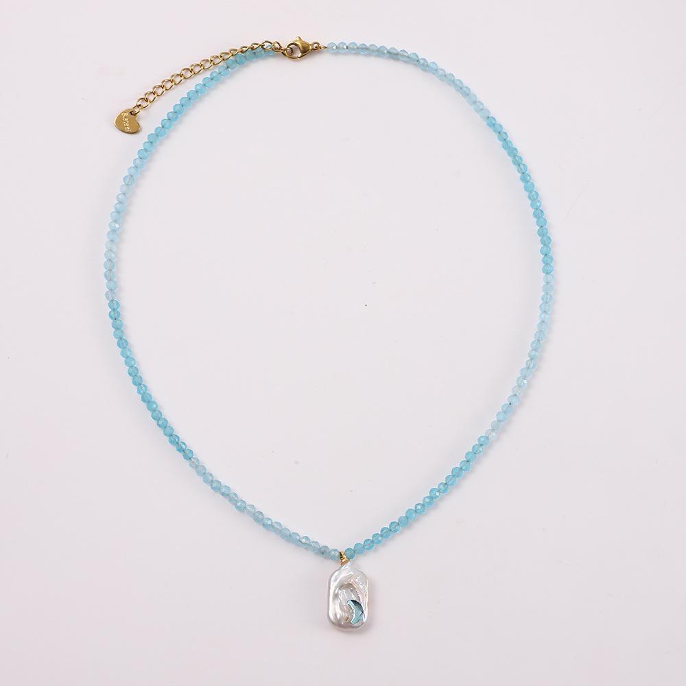 Aquamarine Irregular Pearl Necklace - Handmade Beaded Summer Beach Resort Style Accessory