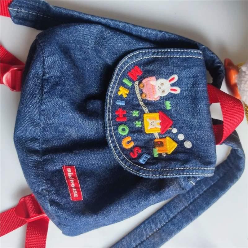 Japanese Miki Kids' Kindergarten Denim Backpack with Embroidery - Canvas School Bag for Boys and Girls
