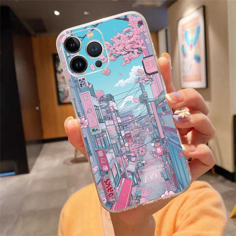 Japanese Landscape Cherry Flower Phone Case For iPhone 17 Pro Max 17 Air 16 15 14 13 Pro Max 15 16 Pro 15Plus