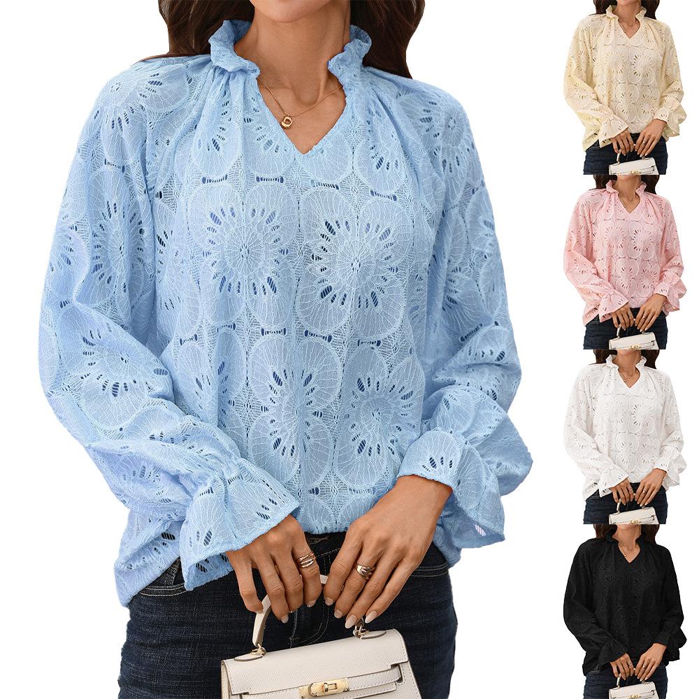 New Autumn-winter Pure-color V-neck Loose Casual Long-sleeved Lace Top for Women