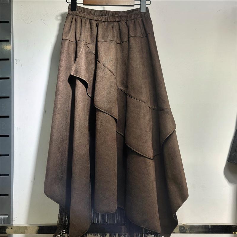 2025 Retro Suede Patchwork Lace Midi Skirt: New High-Waist Layered Design for Autumn/Winter