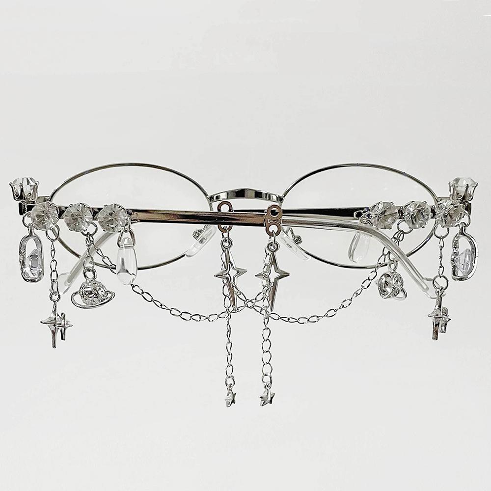 Y2K Retro Fashion Glasses with Chain Star Pendant Decor Lolita COS Silver Round Frame Spectacles for Women Aesthetic Accessories